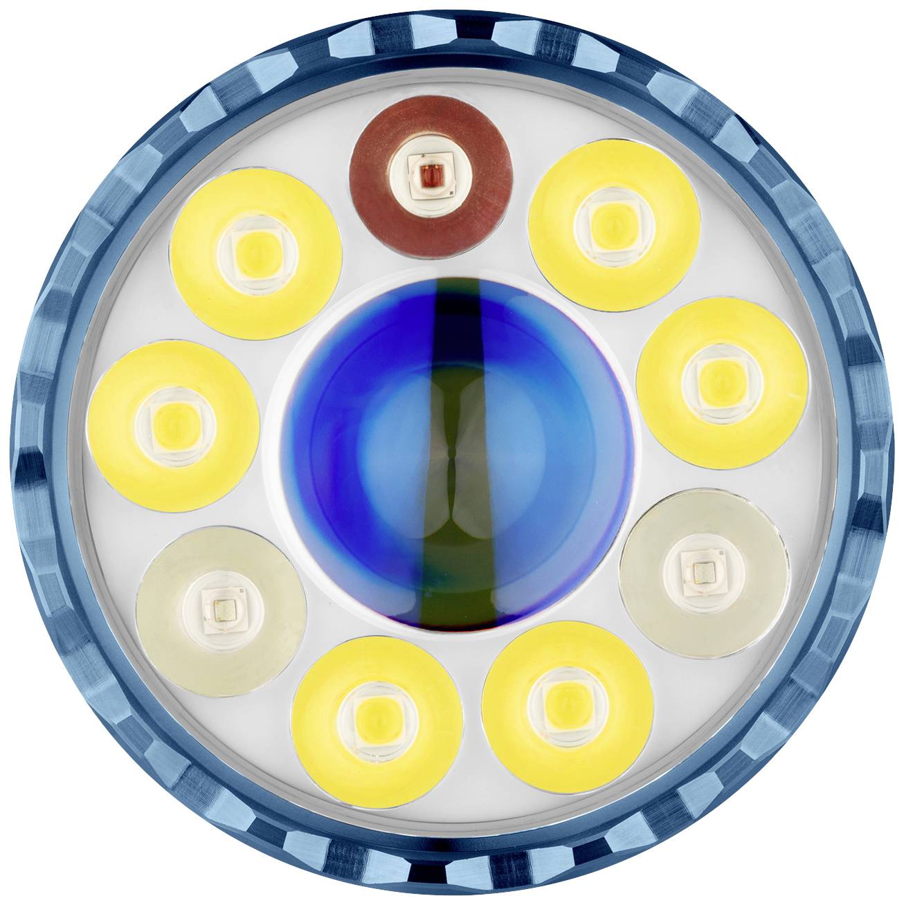 Una lampada LED rotonda con nove moduli luminosi gialli intorno a una lente centrale blu, inserita in una cornice blu.