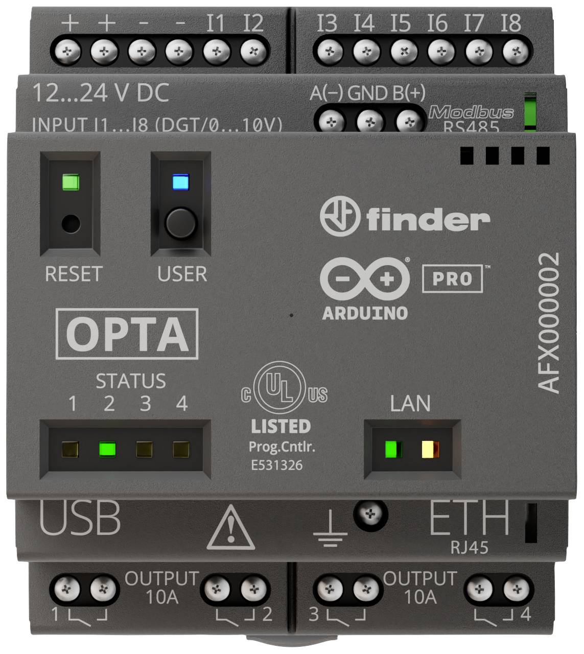 Dispositivo di controllo industriale con interfacce USB, Ethernet e LAN. Indicatori LED per lo stato. Etichette visibili per le connessioni.