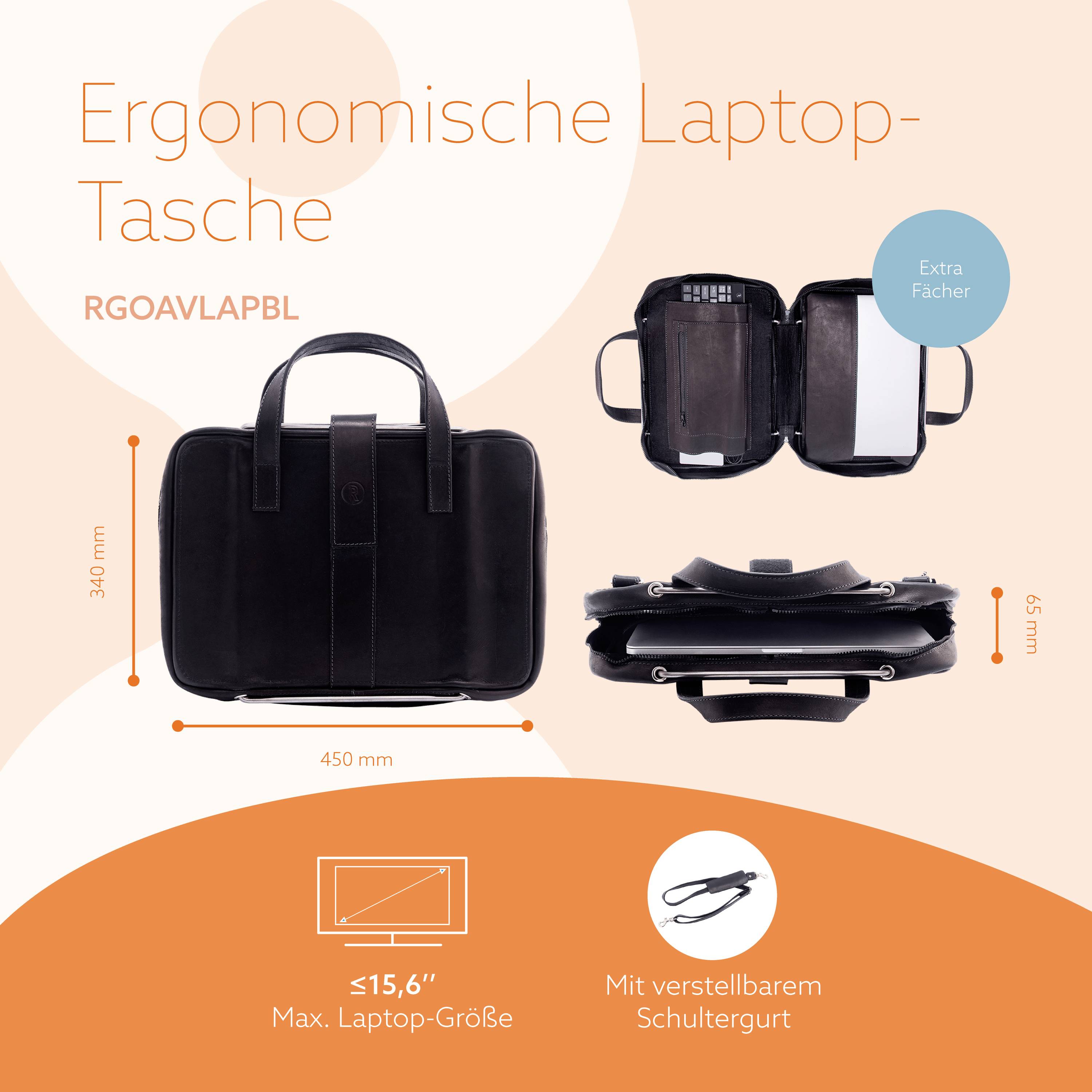 Borsa porta laptop ergonomica in nero con tracolla regolabile, adatta a laptop fino a 15,6 pollici. Include scomparti aggiuntivi.
