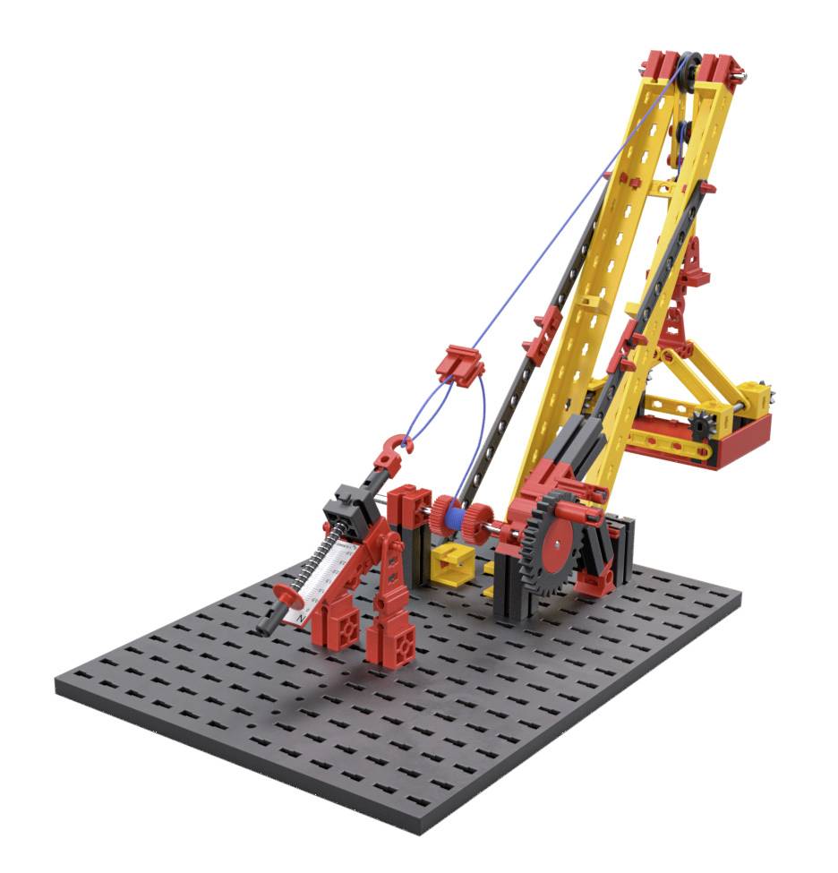 Modello Lego di una gru su una base, che mostra strutture meccaniche realizzate con mattoncini rossi e gialli e un cavo blu.