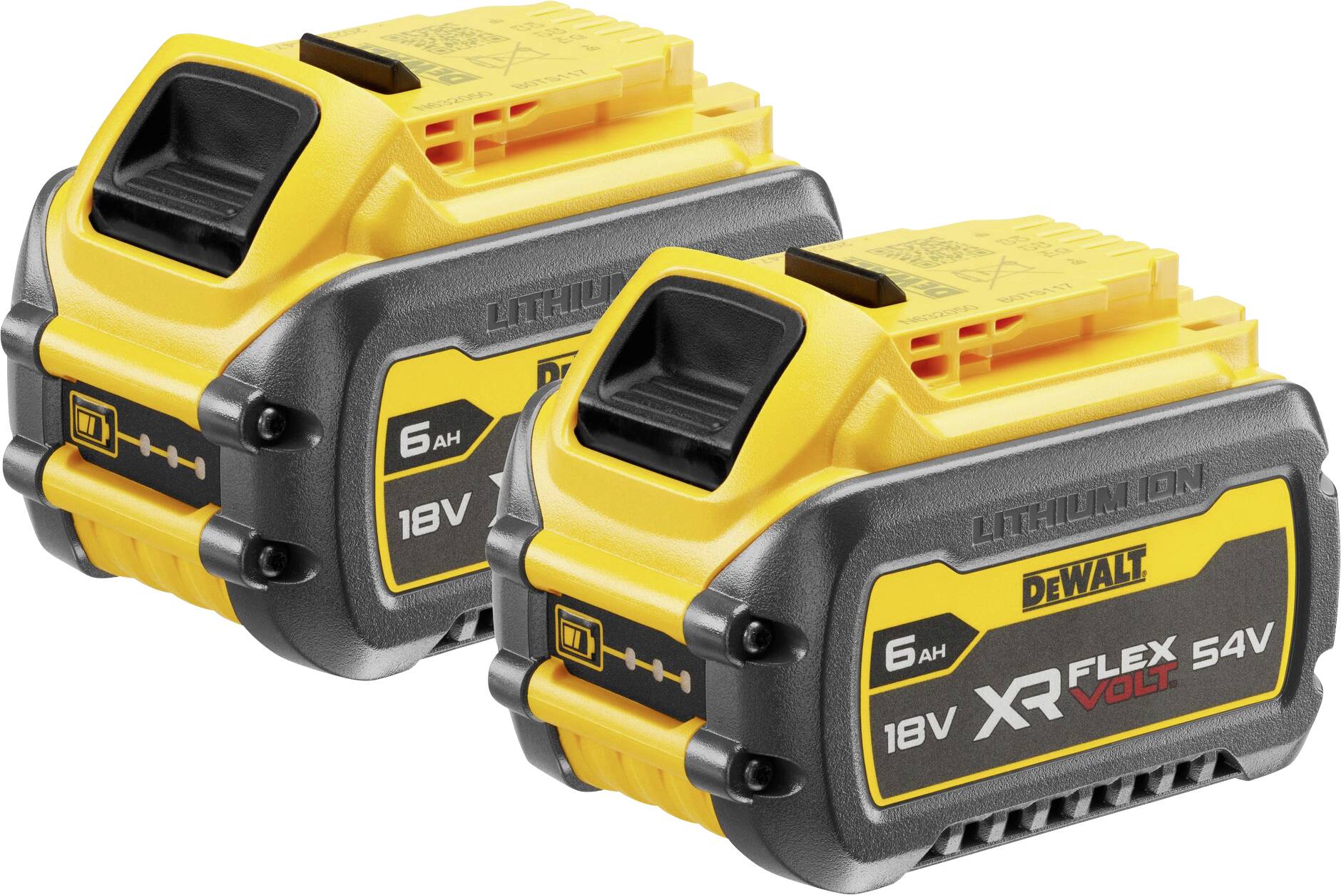 Due batterie giallo-nere DeWalt da 6 Ah, compatibili con dispositivi da 18V e 54V. Chiaro focus su prestazioni e versatilità.