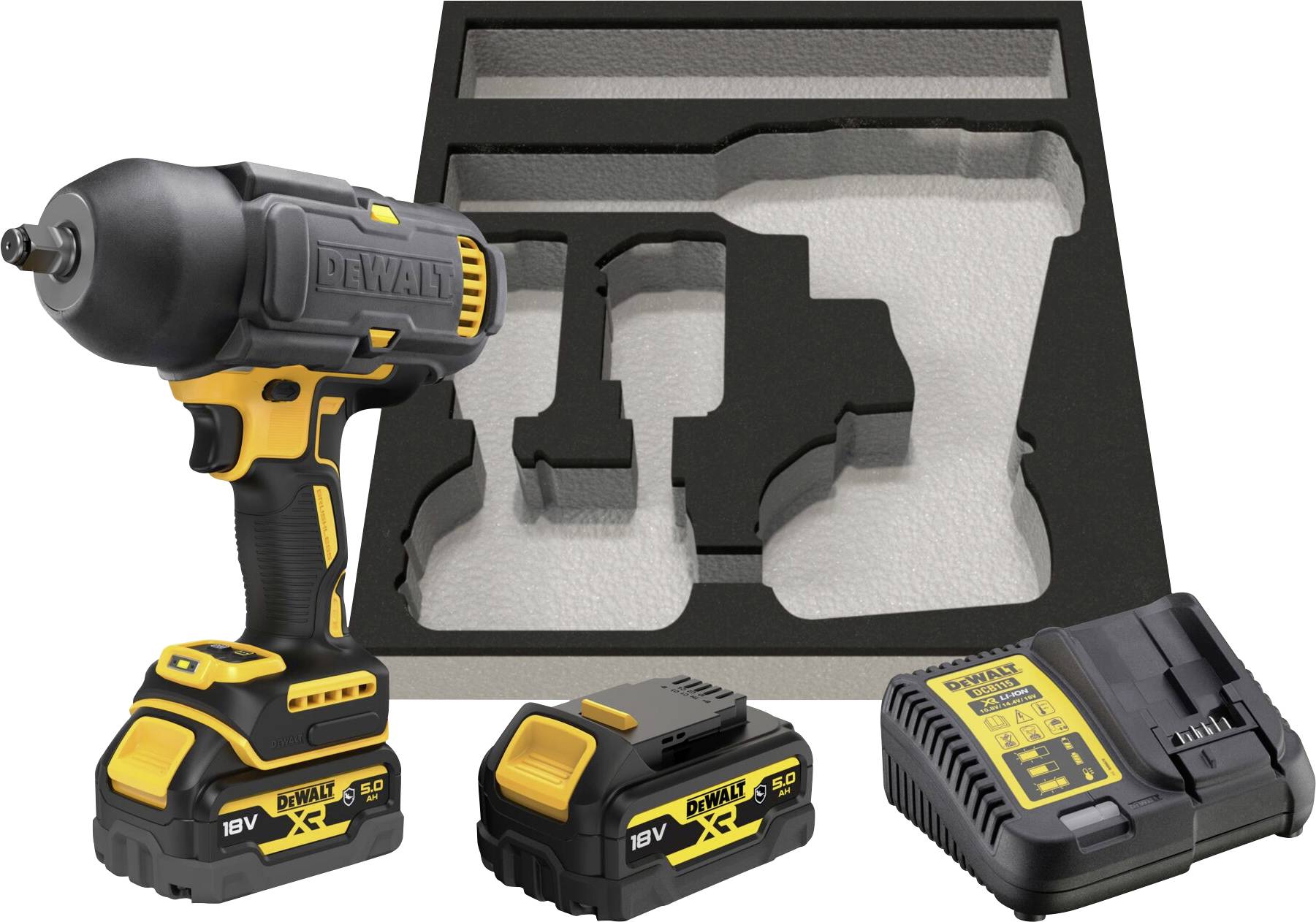 Un set di avvitatore a impulsi a batteria da 18V con due batterie, caricabatterie e inserto in schiuma sagomato, adatto per lavori edili.