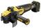 Un smerigliatrice angolare gialla DeWalt con impugnatura nera e pacco batteria. Marcatura 'BRUSHLESS' sul lato.