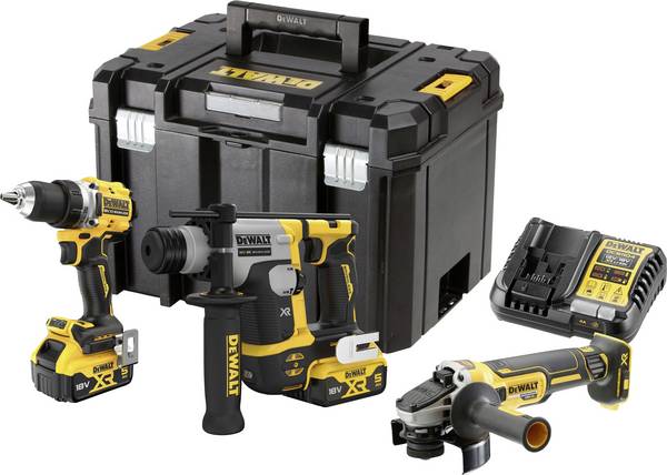 DEWALT DCK355P2T-QW Trapano avvitatore a batteria, Martello perforatore a batteria, Smerigliatrice angolare a batteria 18 V 5 Ah Li-Ion incl. batteria ricaricabile, incl. seconda batteria, incl. caricabatterie