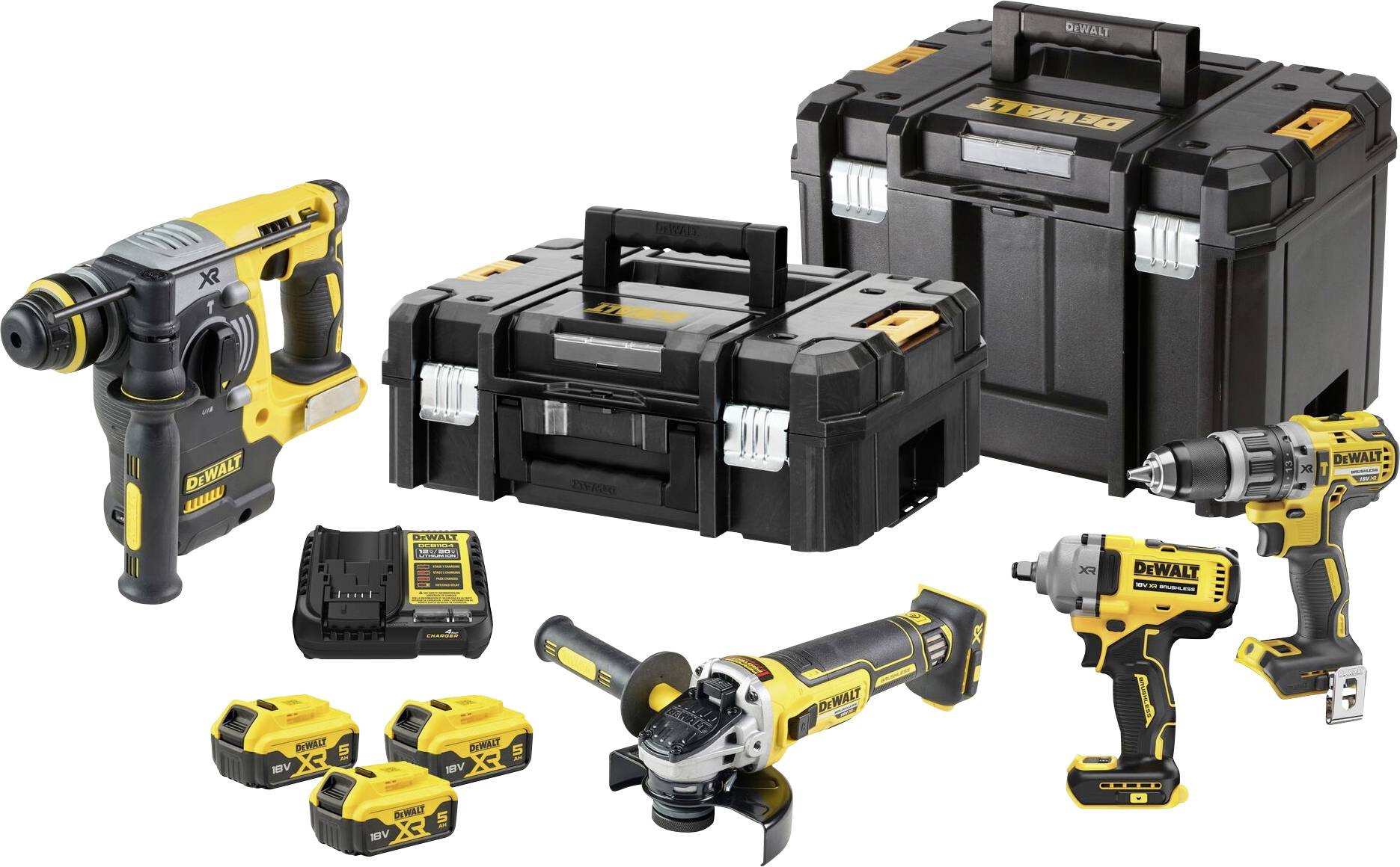 Set di utensili con trapano avvitatore a batteria, smerigliatrice angolare, martello perforatore, tre batterie, caricabatterie e due valigette di stoccaggio, nero-giallo.