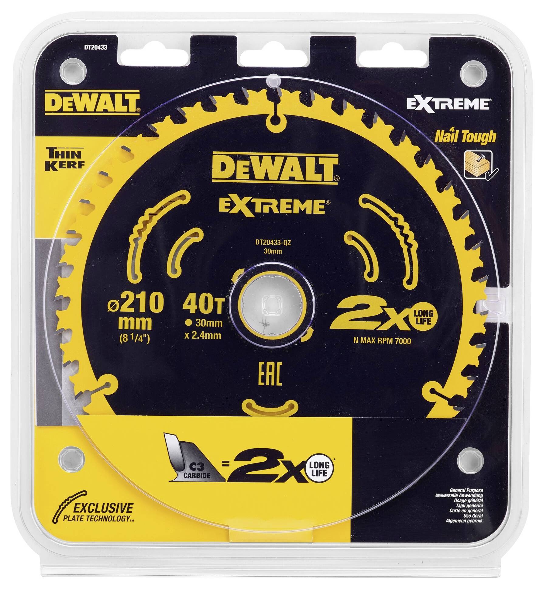 Lama per sega circolare in confezione, marca DeWalt, modello 'Extreme', diametro 210 mm, 40 denti, adatto per chiodi.