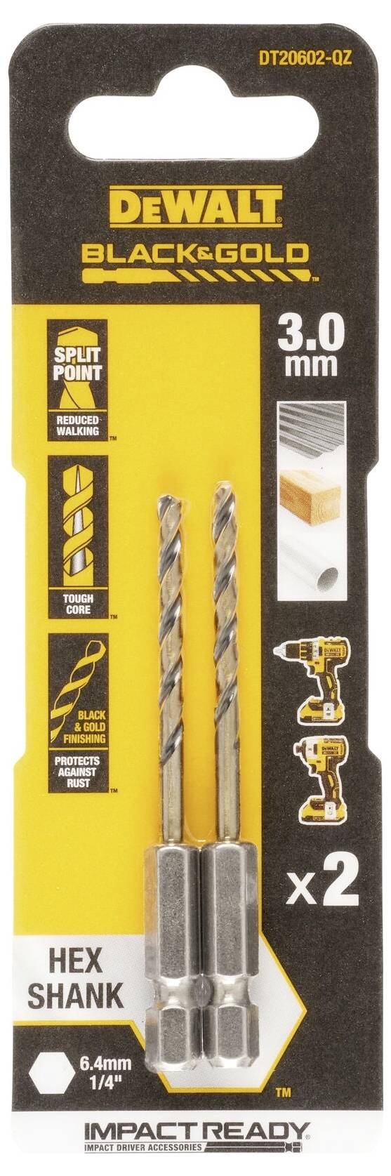 Confezione di punte DeWalt Black & Gold, diametro 3,0 mm, con punta a croce, attacco esagonale, adatte per legno e metallo, 2 pezzi.