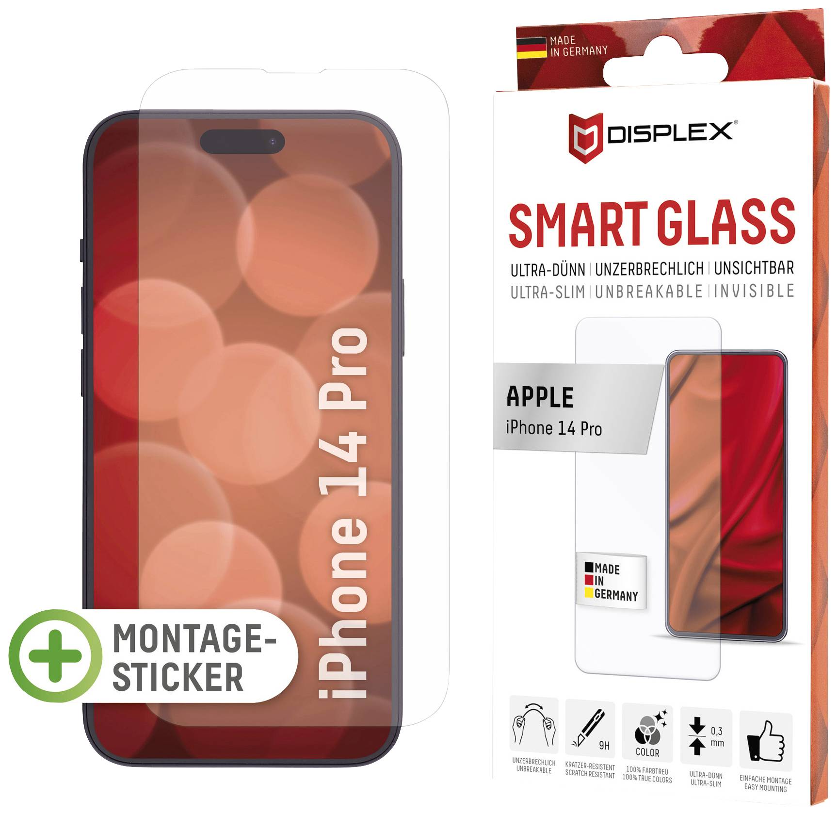 Custodia e pellicola protettiva per iPhone 14 Pro di Displex. Caratteristiche: ultra-sottile, infrangibile, invisibile, prodotta in Germania.
