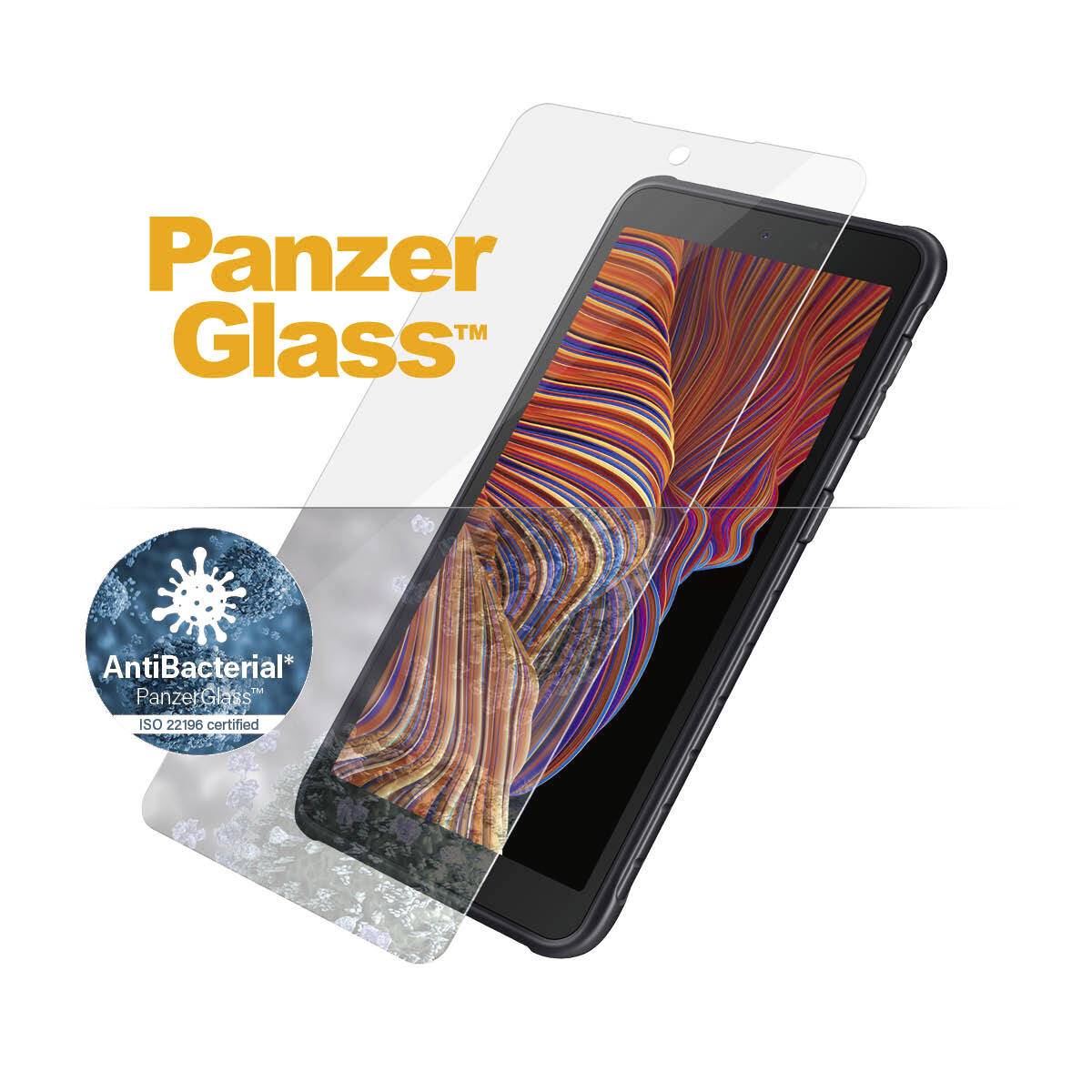 Smartphone con protezione dello schermo in PanzerGlass e sigillo antibatterico, che enfatizza la robusta protezione del dispositivo.