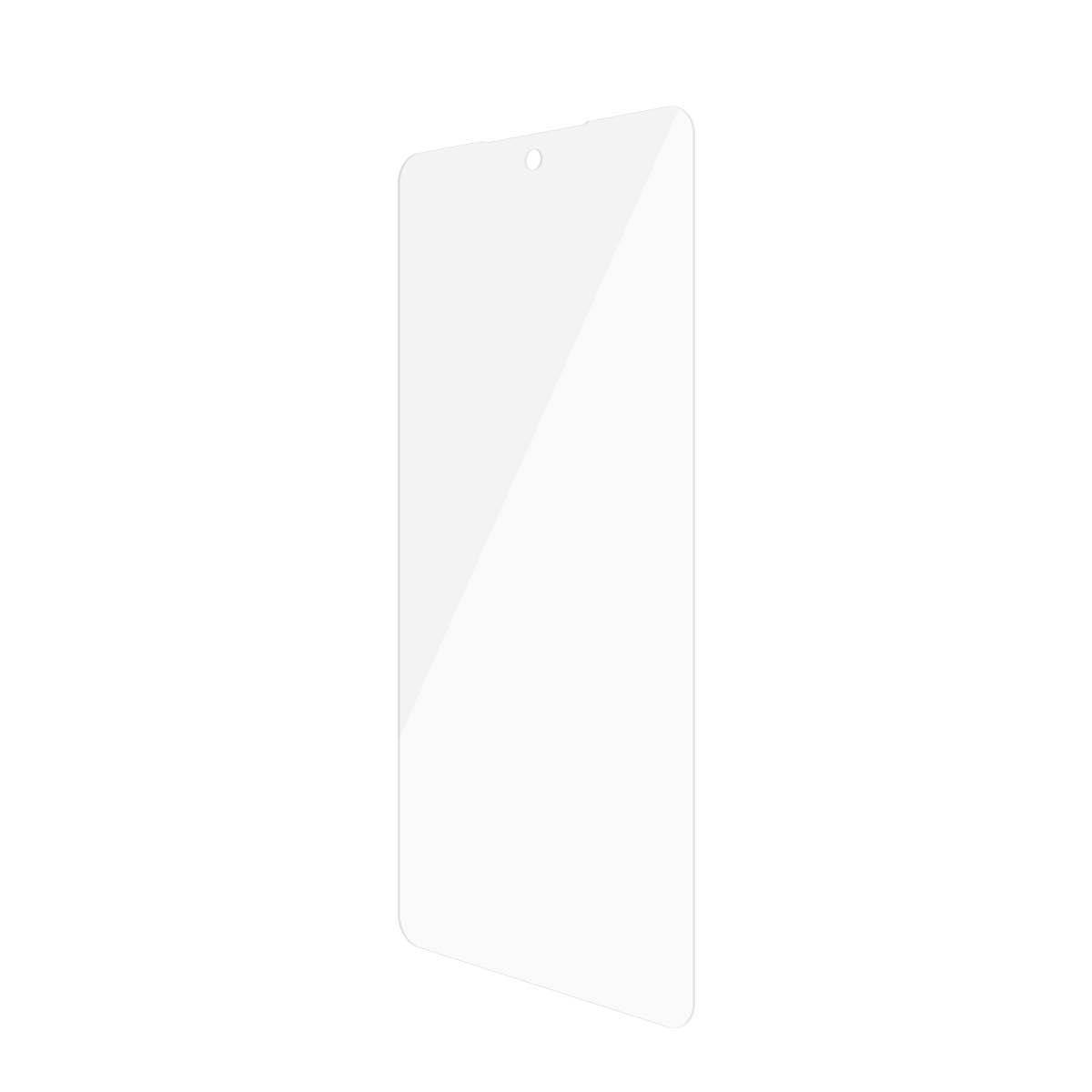'Pellicola protettiva per display di smartphone con foro per fotocamera frontale, trasparente e rettangolare.'