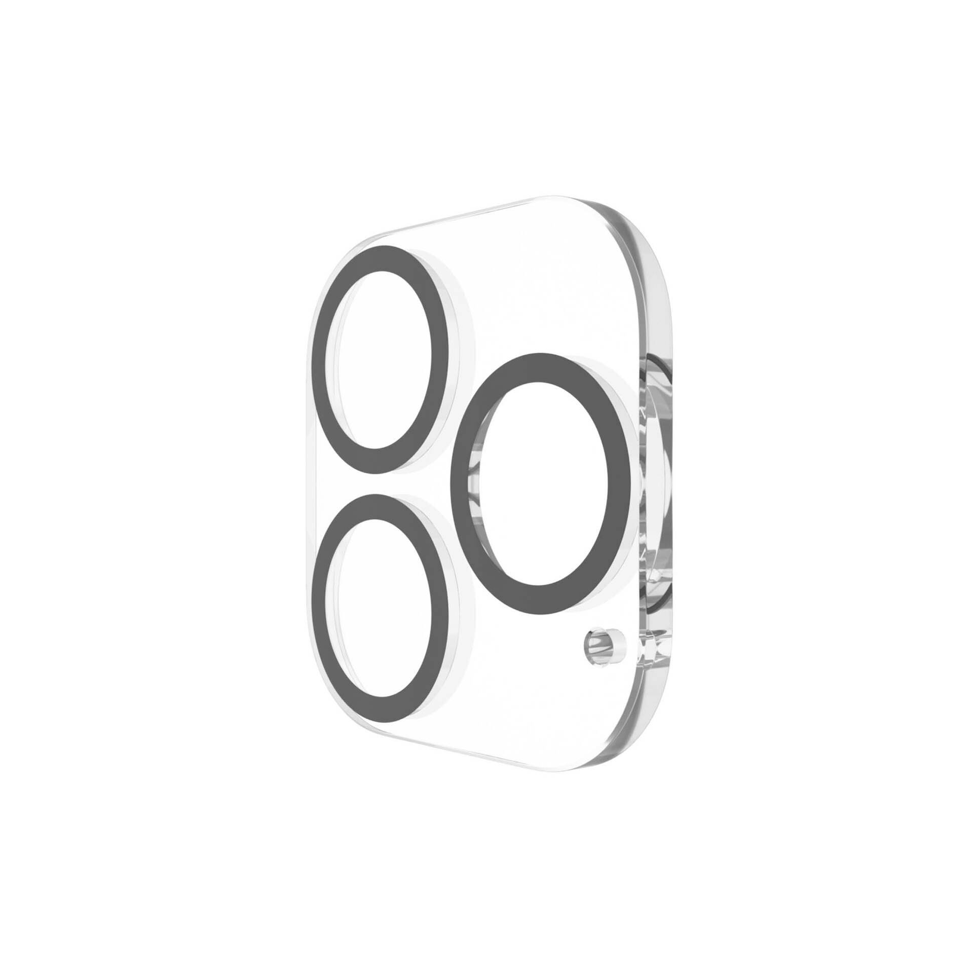 Copertura trasparente a tre fori per obiettivo di una fotocamera per dispositivo elettronico, vista prospettica.