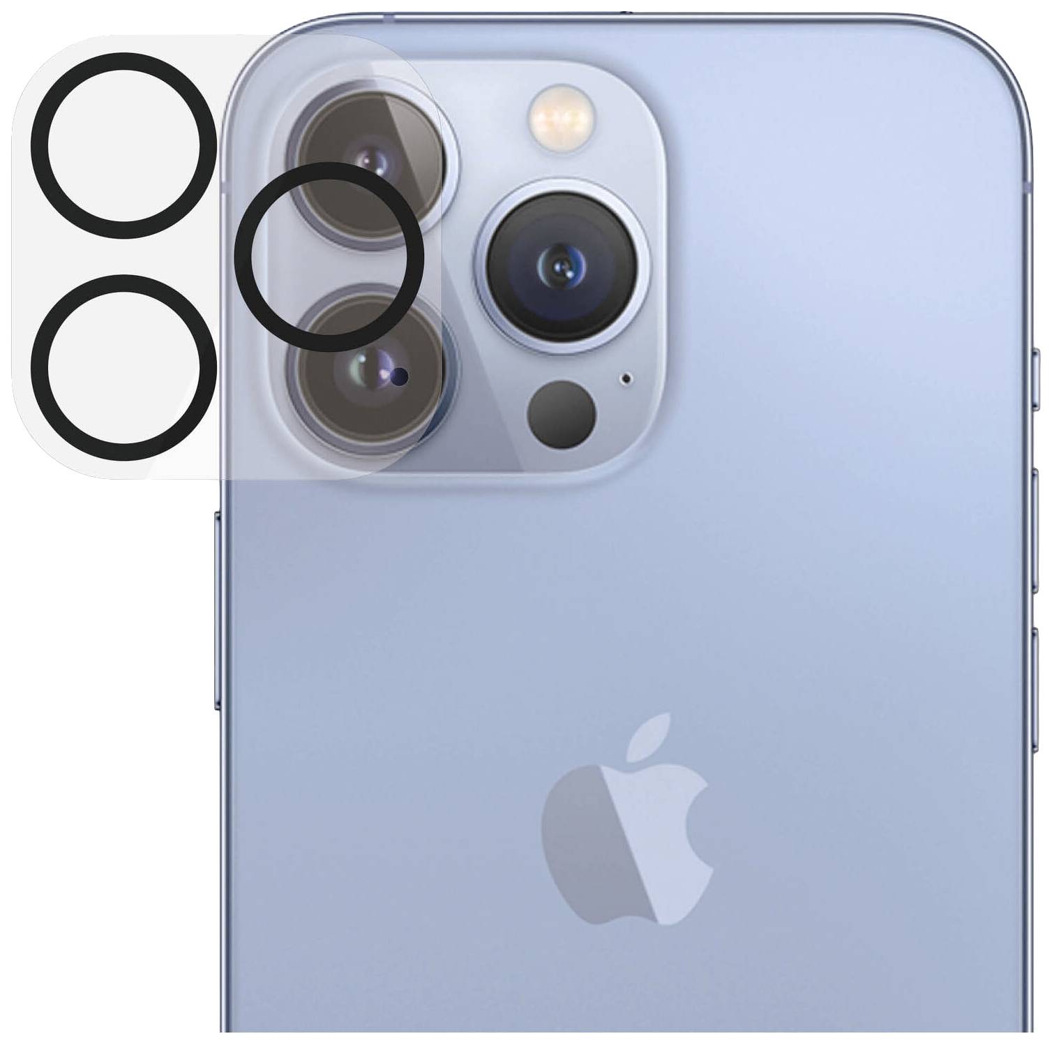 Un smartphone blu visto da dietro, con tre obiettivi fotografici in alto a sinistra e un logo al centro. Una copertura trasparente è posizionata sopra le lenti.