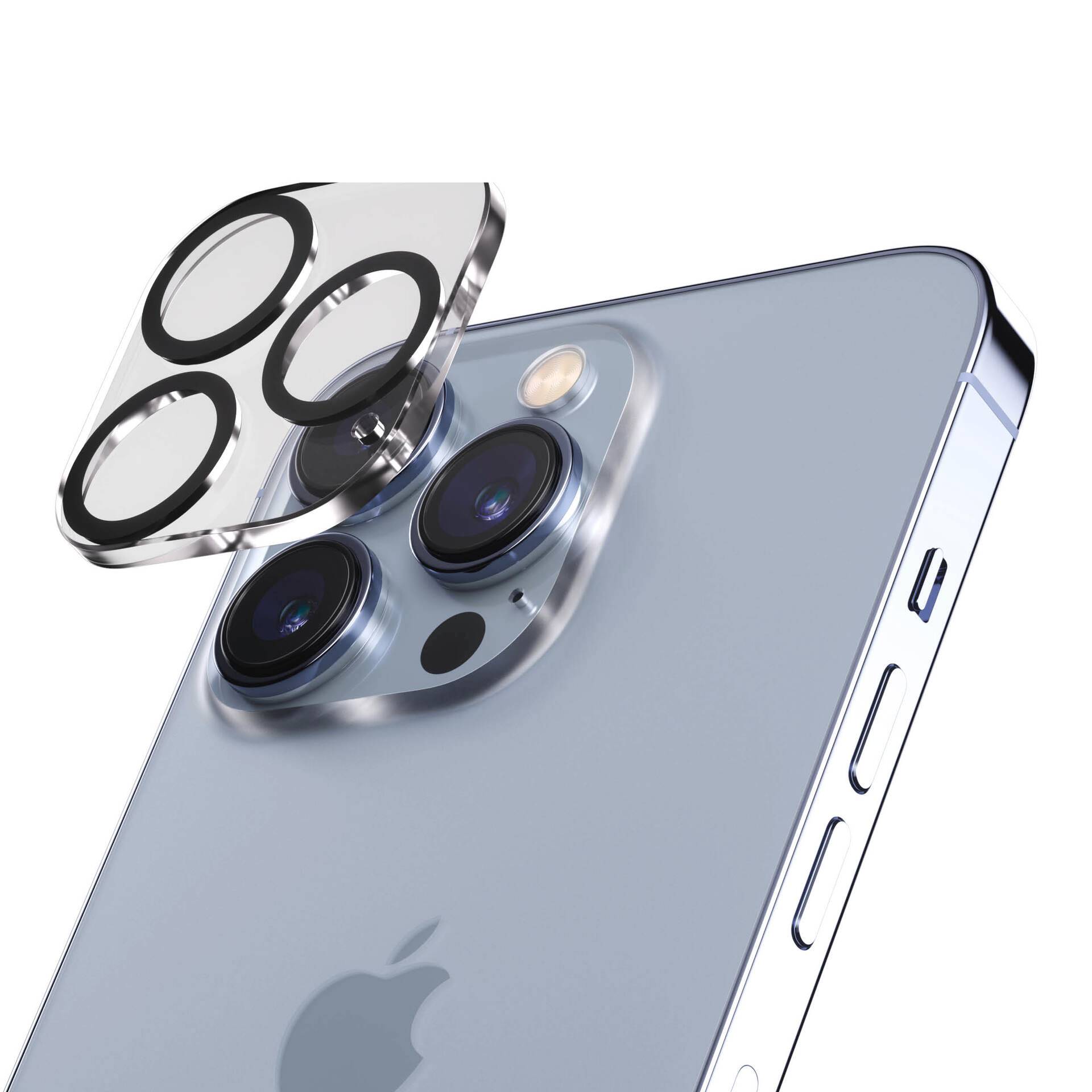 Un primo piano di uno smartphone blu con un coperchio dell'obiettivo della fotocamera rimovibile che aleggia sopra i tre sensori della fotocamera.