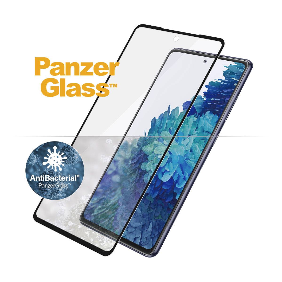 Un film protettivo per display, contrassegnato con 'PanzerGlass', mostra proprietà antibatteriche. È posizionato sopra un display di smartphone.
