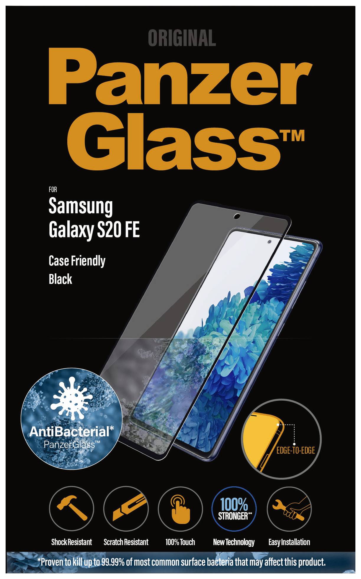 'PanzerGlass Original' Protezione display per Samsung Galaxy S20 FE, nero. Caratteristiche: antibatterico, antigraffio, resistente agli urti, copertura bordi.