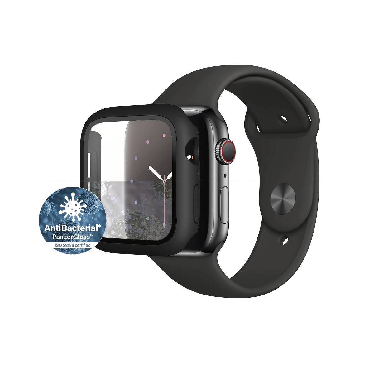 Smartwatch nera con vetro corazzato antibatterico, certificata ISO. Il display mostra un quadrante sfumato.