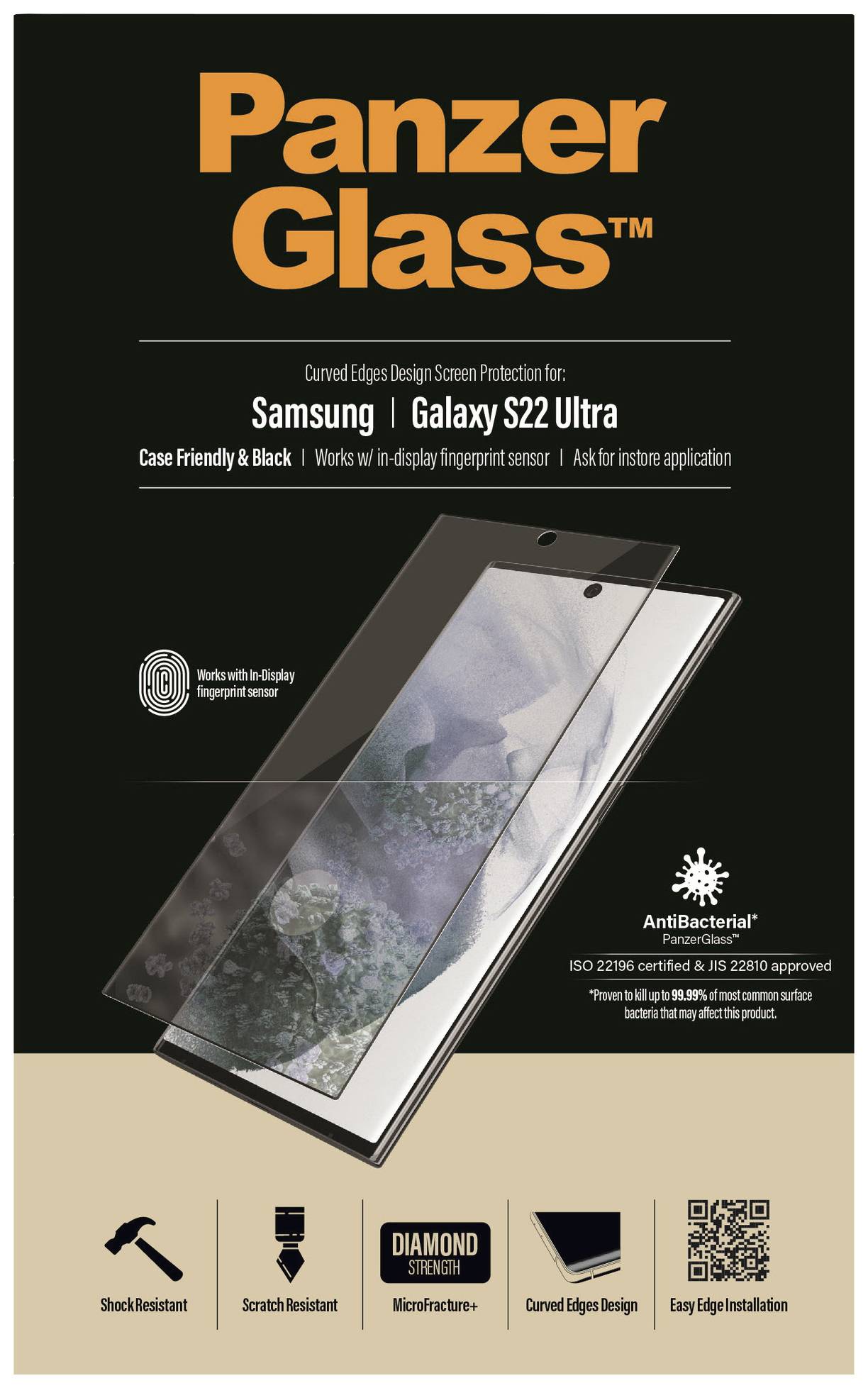 Pellicola protettiva 'Panzer Glass' per Samsung Galaxy S22 Ultra. Caratteristiche: antiurto, antigraffio, antibatterica, facile installazione.