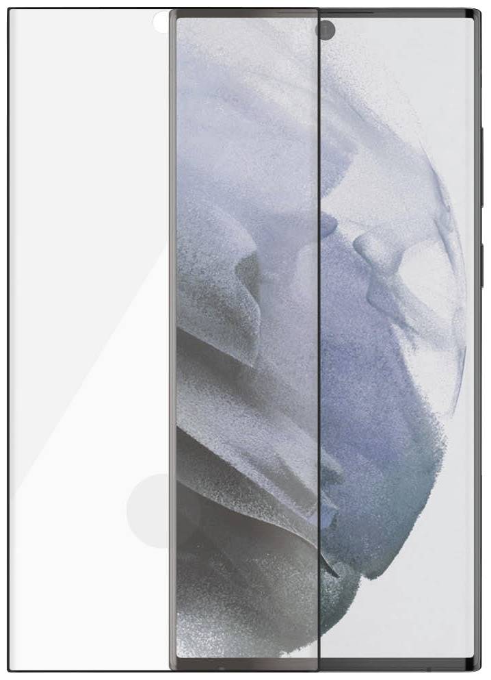 Smartphone con uno schermo e un vetro protettivo posizionato leggermente a destra. Il display mostra un pattern astratto in sfumature di blu e grigio.