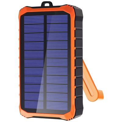 Caricabatterie solare portatile con custodia arancione e pannello solare blu. Adatto per attività all'aperto per l'alimentazione elettrica.