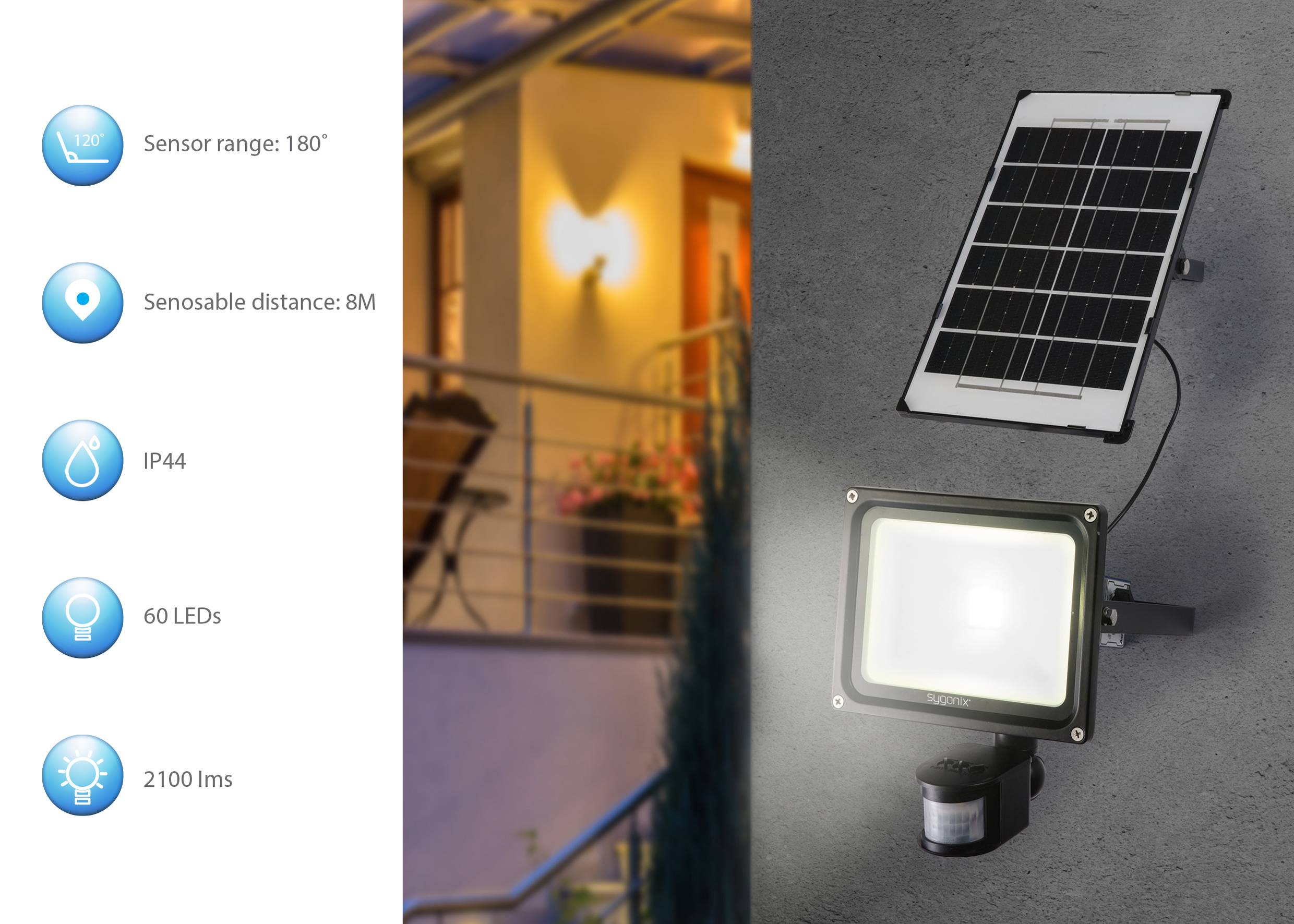 Una lampada solare a LED con 60 LED, 2100 lumen e un'area di rilevamento di 180°, illuminata. Caratteristiche: IP44, portata di 8 m.