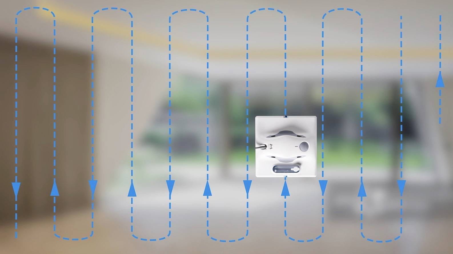 Illustrazione dei flussi d'aria in un ambiente. Frecce blu mostrano un percorso di circolazione dell'aria dall'alto verso il basso e nuovamente verso l'alto.