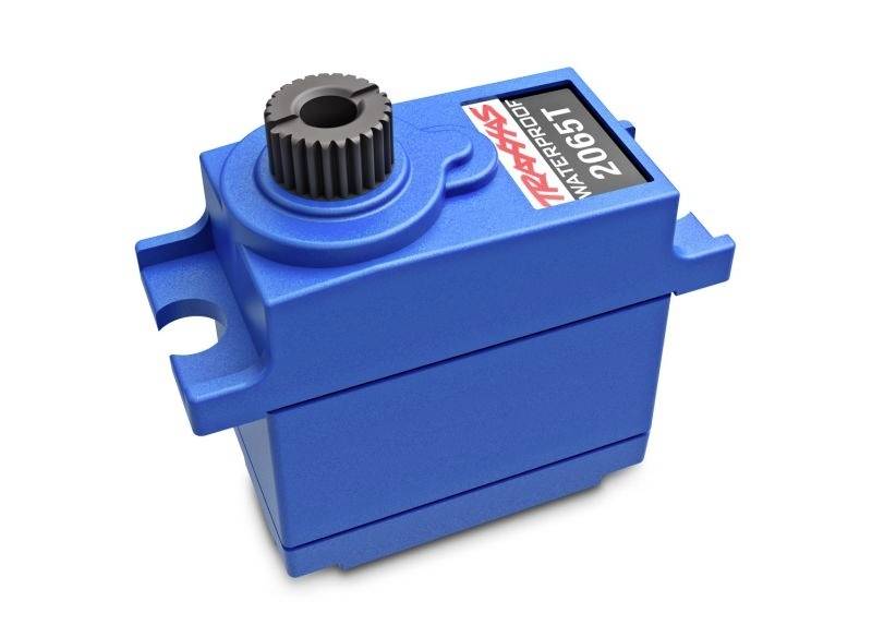 Un servomotore blu con la scritta 'TRAAXAS 2065T Waterproof', adatto per modelli radiocomandati.