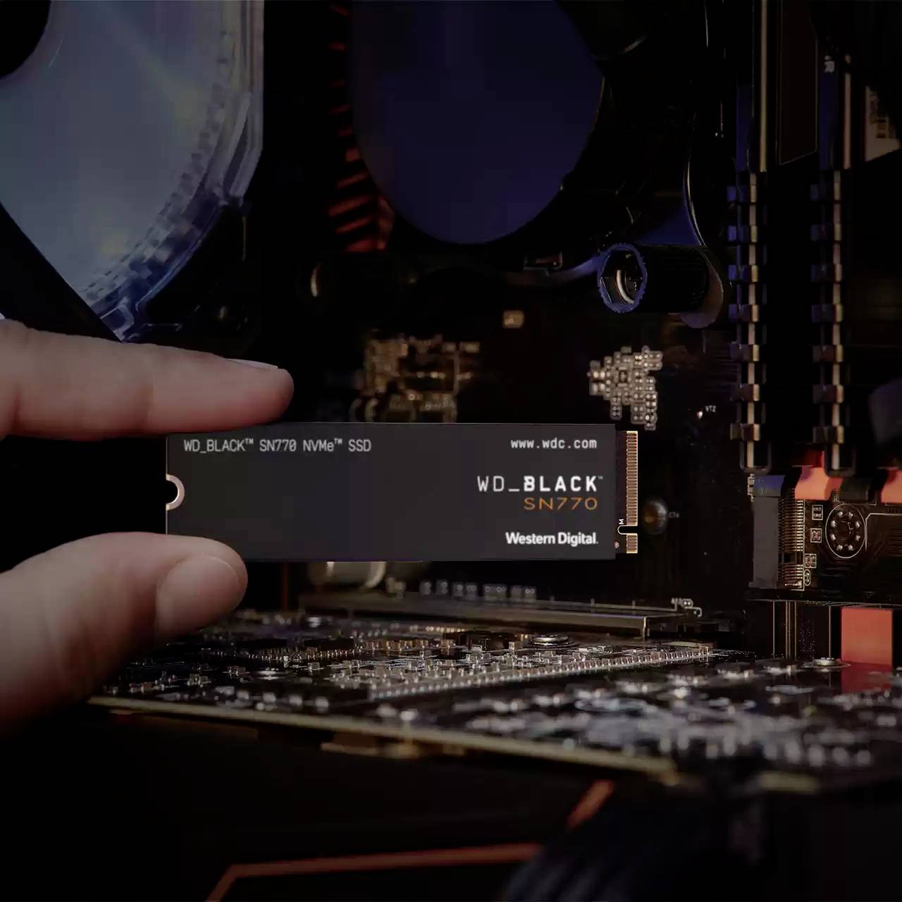Una mano tiene un SSD NVMe WD_Black SN770 vicino a un case di computer aperto, pronto per essere installato.