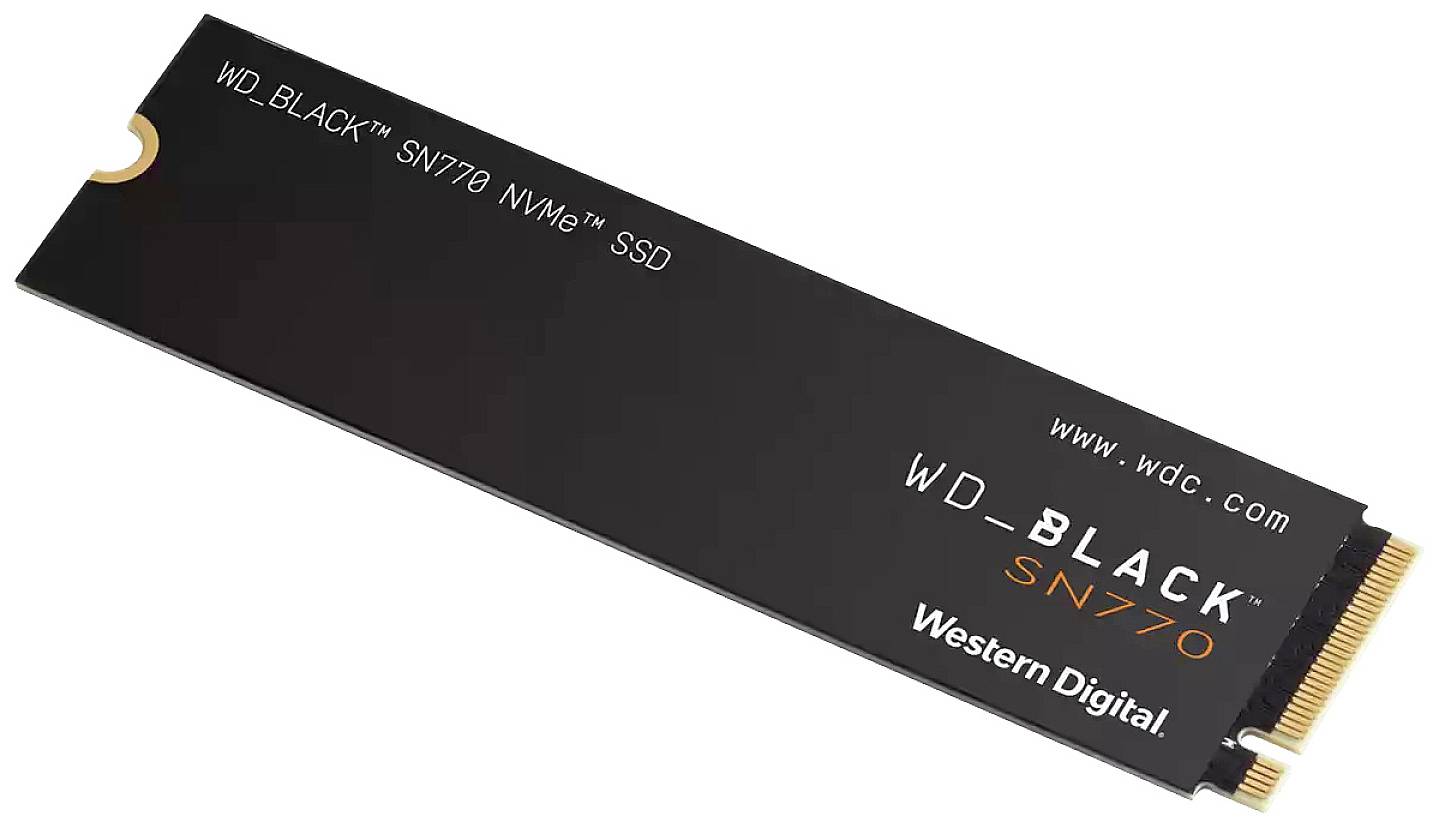 WD_BLACK SN770 NVMe SSD di Western Digital, un'unità SSD compatta e nera per un'elevata velocità di trasferimento dati e prestazioni di archiviazione.