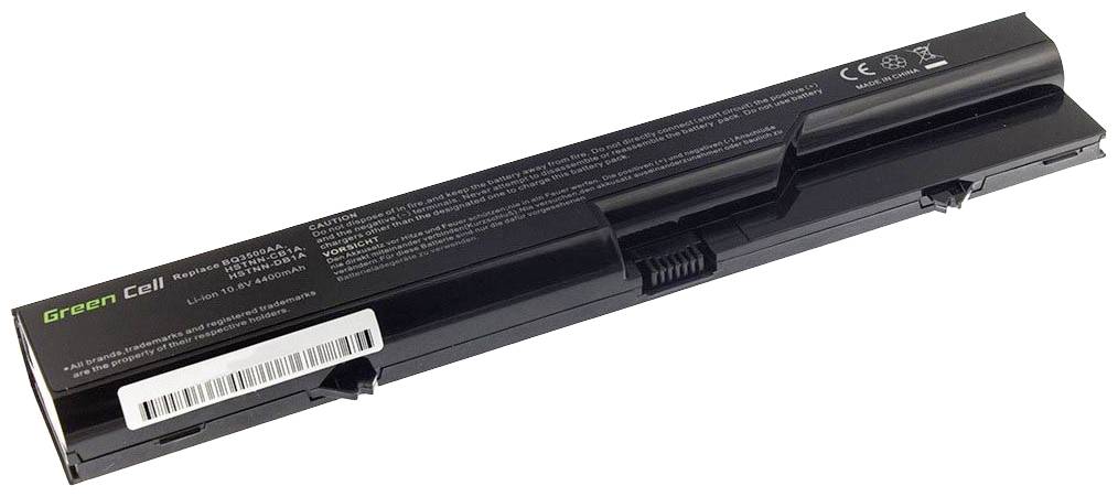 Batteria per laptop nera con scritta 'Green Cell' e specifiche tecniche, forma rettangolare, sembra adatta per modelli HP.
