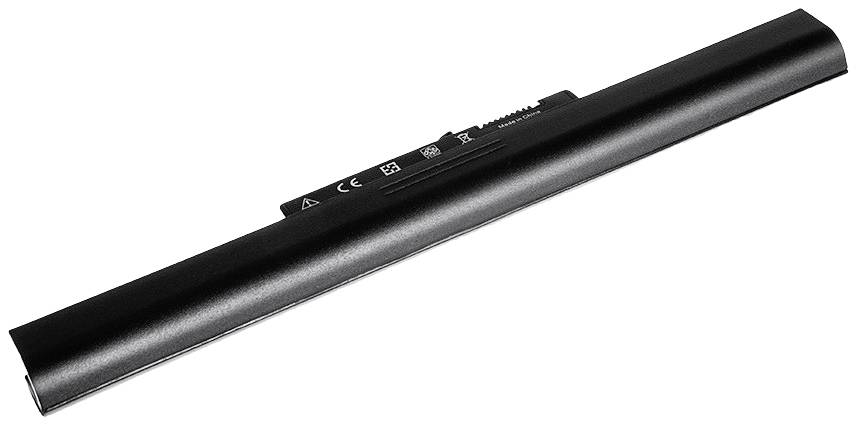 Un accumulatore nero e allungato per laptop, con simboli di sicurezza e riciclaggio sulla superficie.