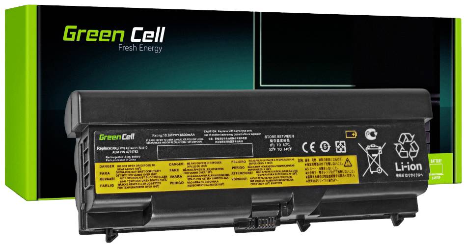 Un sostitutivo della batteria del laptop di Green Cell con la confezione verde sullo sfondo.