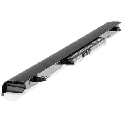 Una batteria per laptop di forma rettangolare, nera, con informazioni tecniche e connettori visibili.