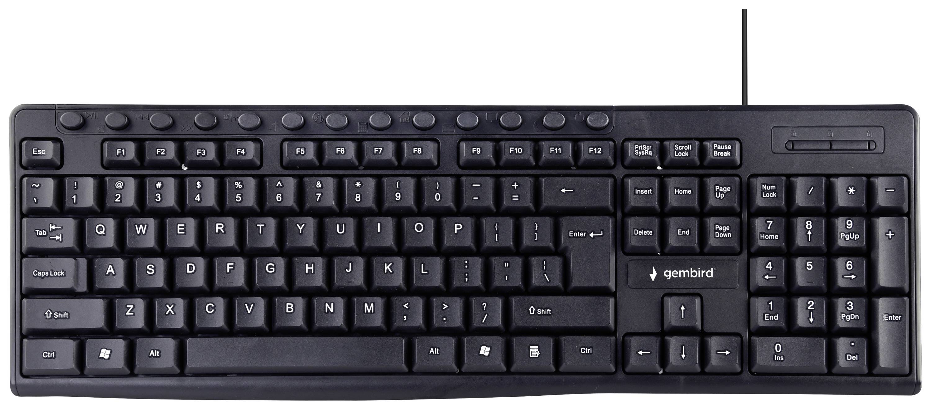 Una tastiera QWERTY nera, cablata, con tasti funzione nella riga superiore e un tastierino numerico sulla destra.