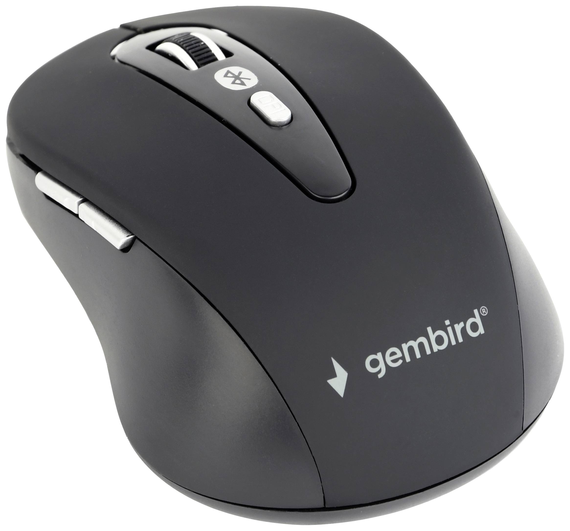 Mouse nera wireless con rotella di scorrimento grigia e simbolo Bluetooth. Marchio 'gembird' sulla parte superiore.