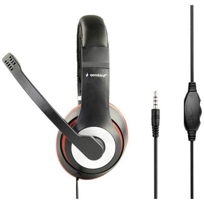 Cuffie nere e rosse con microfono e jack da 3,5 mm, marchio visibile, affiancate dal cavo audio e dal controllo del volume.