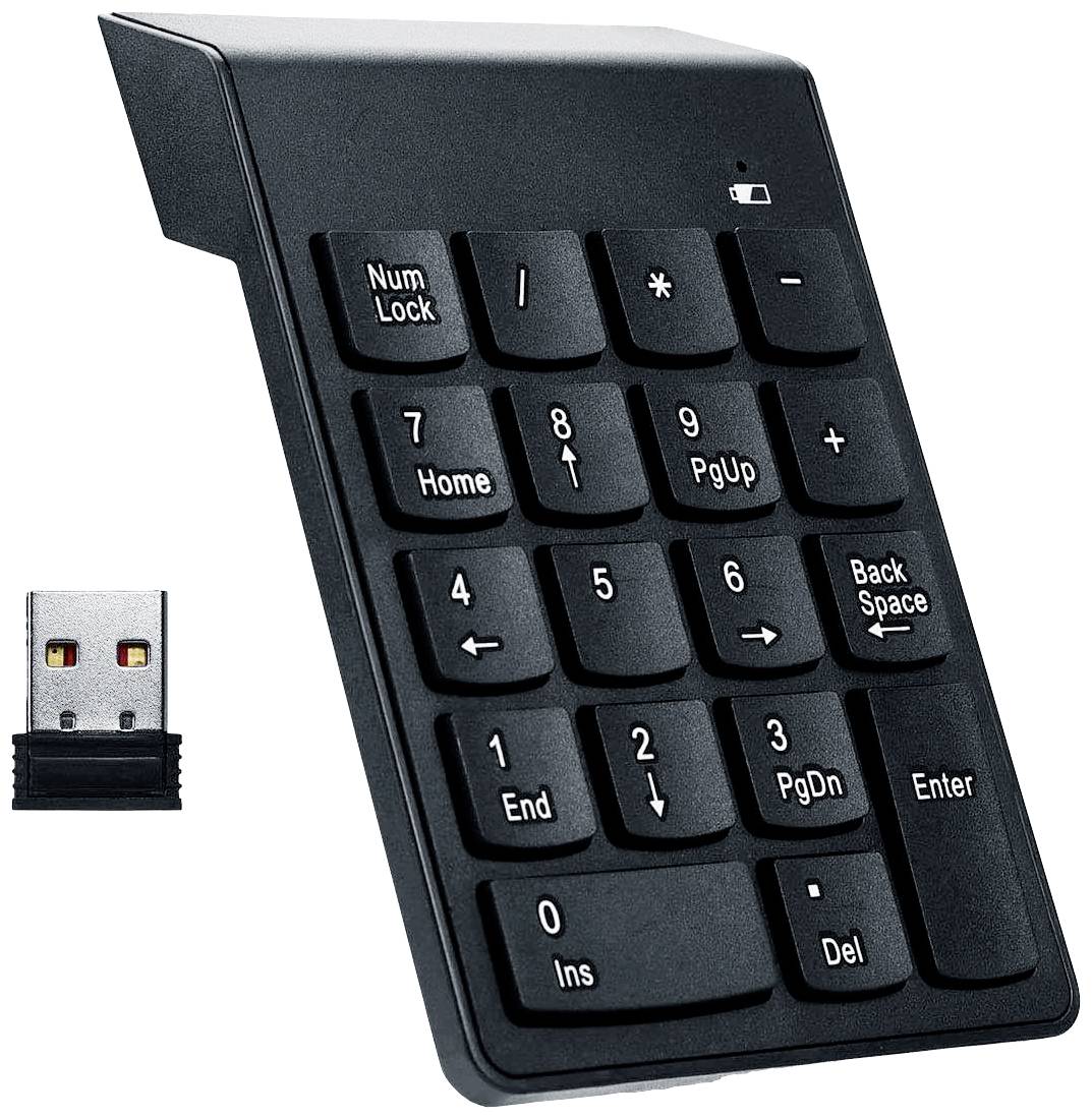Tastierino numerico USB nero con tasti per numeri e navigazione, posizionato accanto a un ricevitore USB. Ideale per gli utenti di laptop.