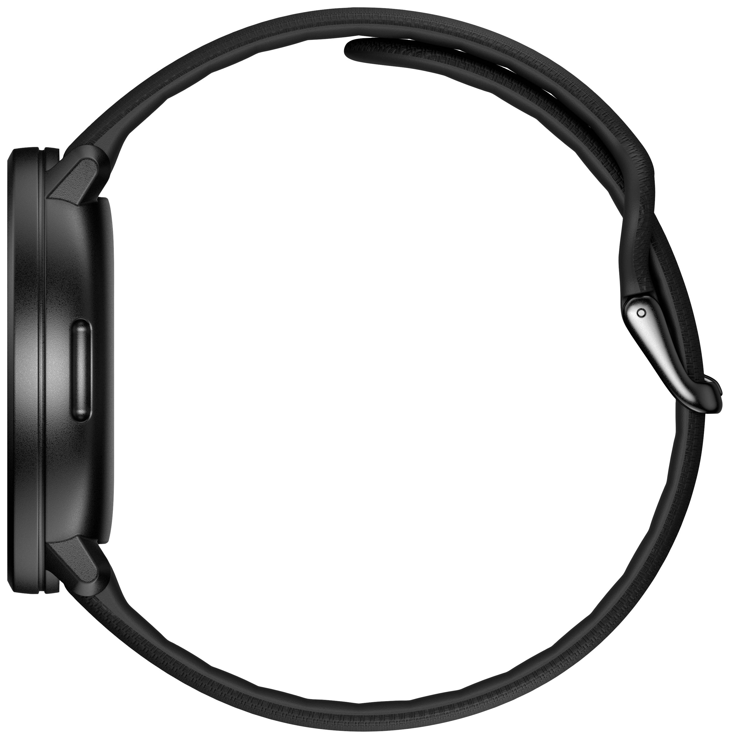 Orologio da polso nero con cassa rotonda e design essenziale. Sono riconoscibili la cassa dell'orologio e il cinturino.