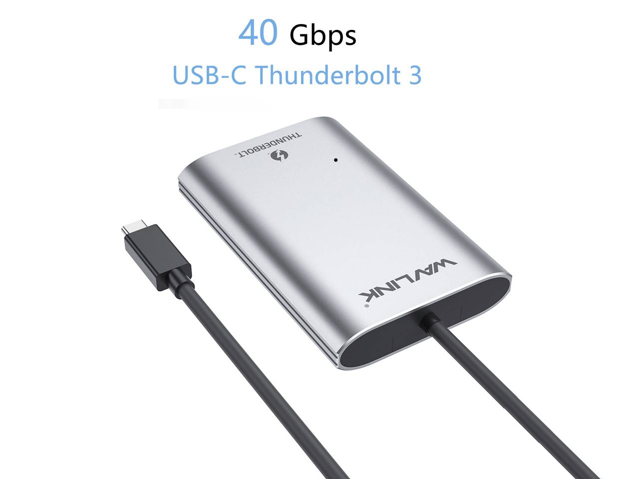 Un adattatore Thunderbolt 3 USB-C argentato con cavo che offre una velocità di trasferimento dati di 40 Gbps.