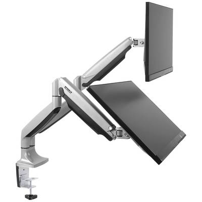Due monitor per computer montati su bracci articolati regolabili di colore argento, fissati a una scrivania. I monitor possono essere ruotati in diverse posizioni.