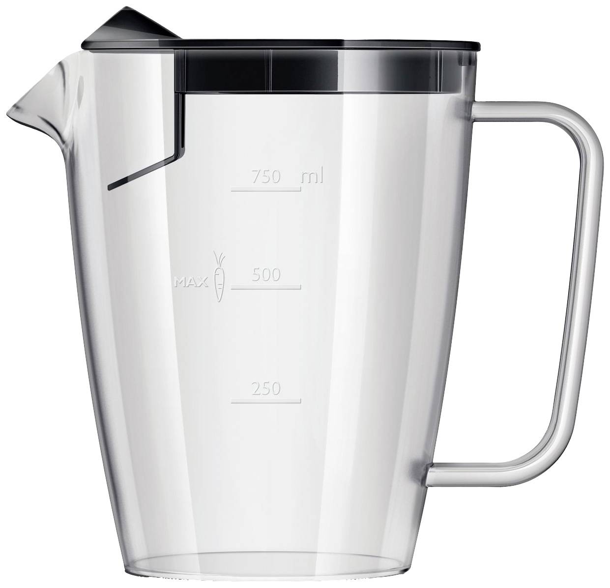'Caraffa misuratore trasparente con scala per 250, 500 e 750 ml, con beccuccio e coperchio nero.'