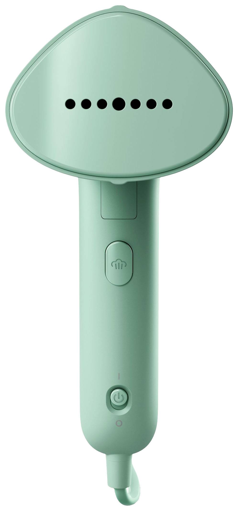 Un ferro da stiro a vapore portatile verde con impugnatura ergonomica e multiple uscite di vapore sul lato anteriore.