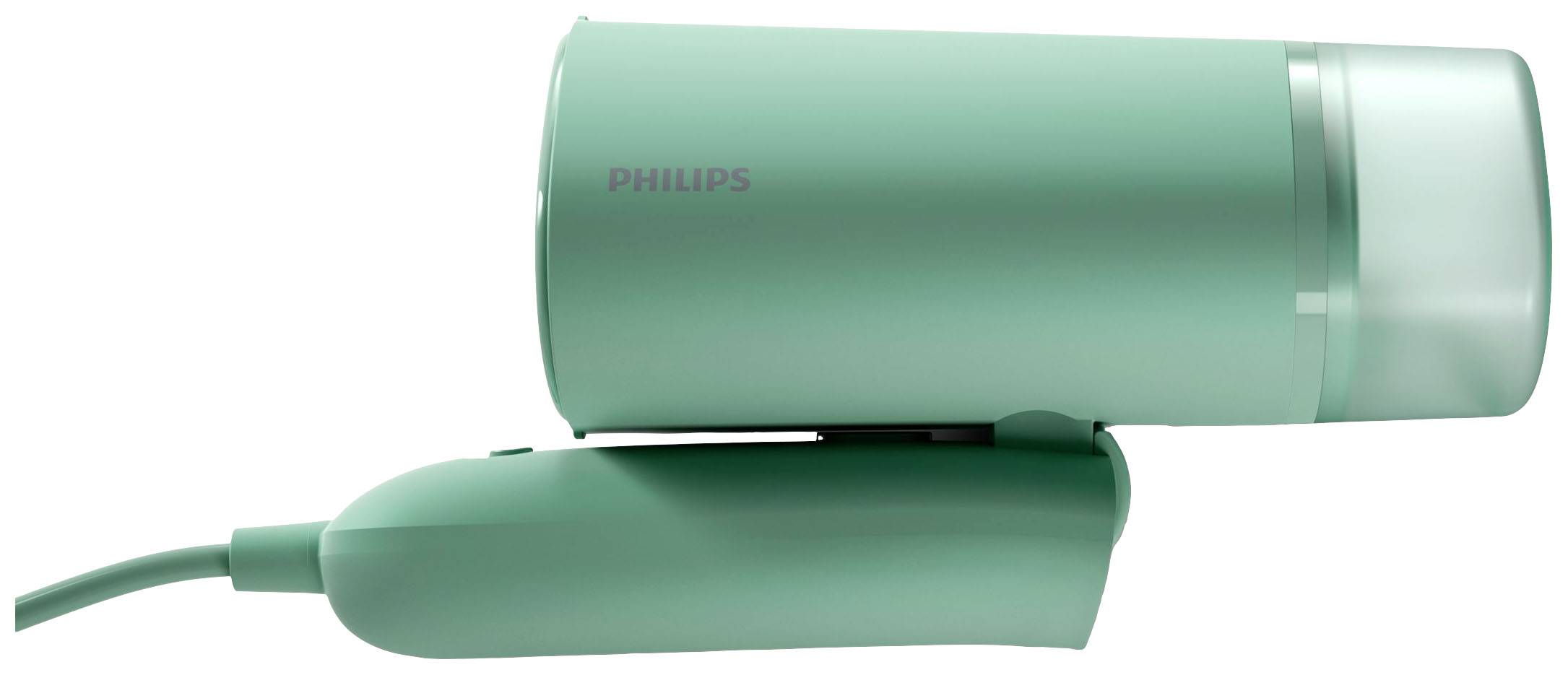 Un asciugacapelli verde Philips è posizionato di lato, con il cavo visibile e un manico retrattile, su uno sfondo bianco.