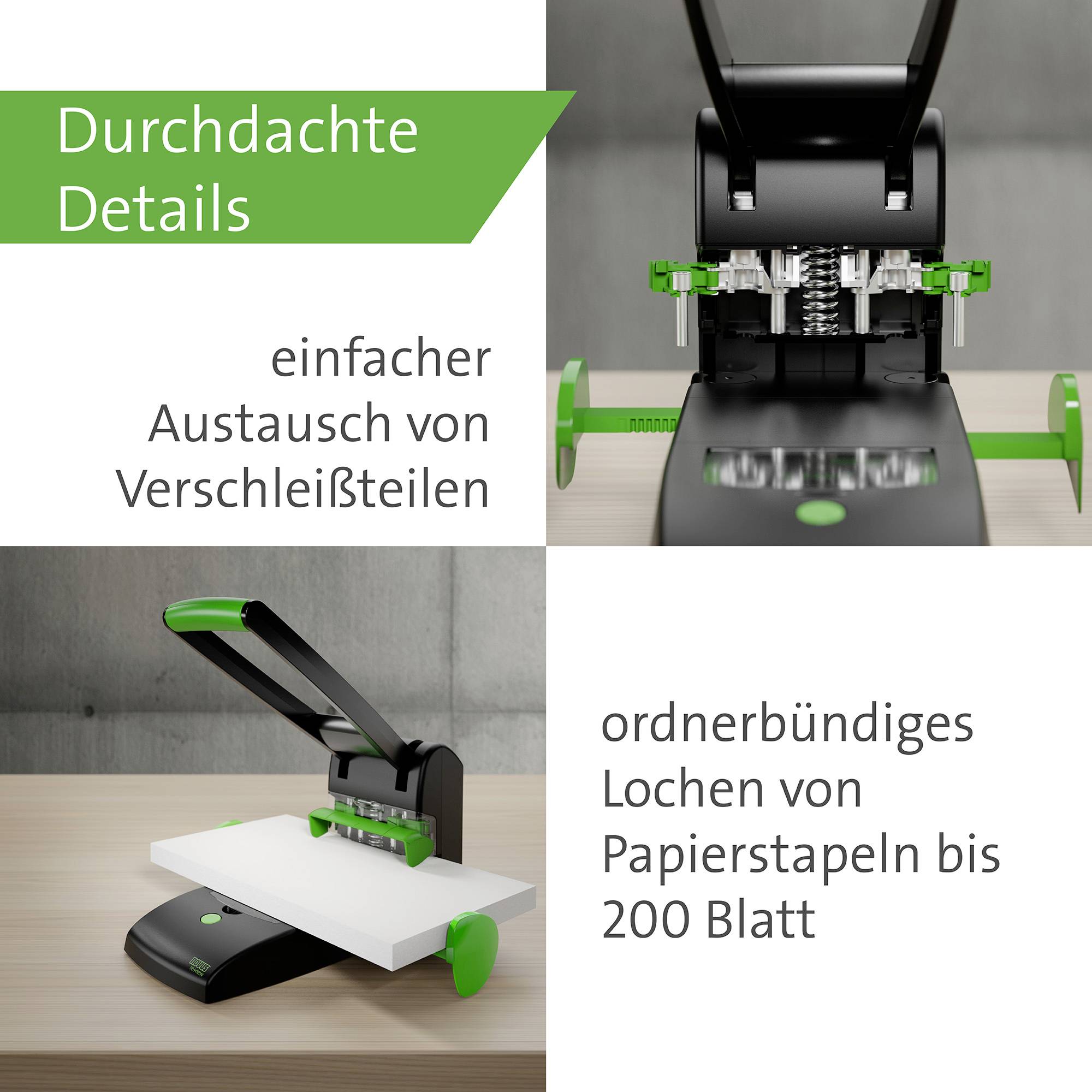 Perforatore con design verde e nero, sostituzione semplice dei componenti usurabili, perfora fino a 200 fogli in modo uniforme per raccoglitori.