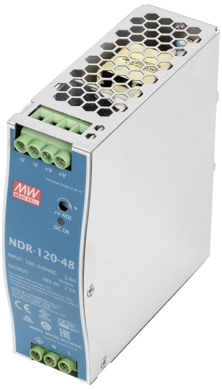Un alimentatore con involucro metallico con etichetta 'NDR-120-48', intervallo di ingresso '180-264VAC', uscita '48V'.