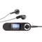 Un lettore MP3 nero con display mostra la parola 'Musica'. Accanto ci sono degli auricolari neri.