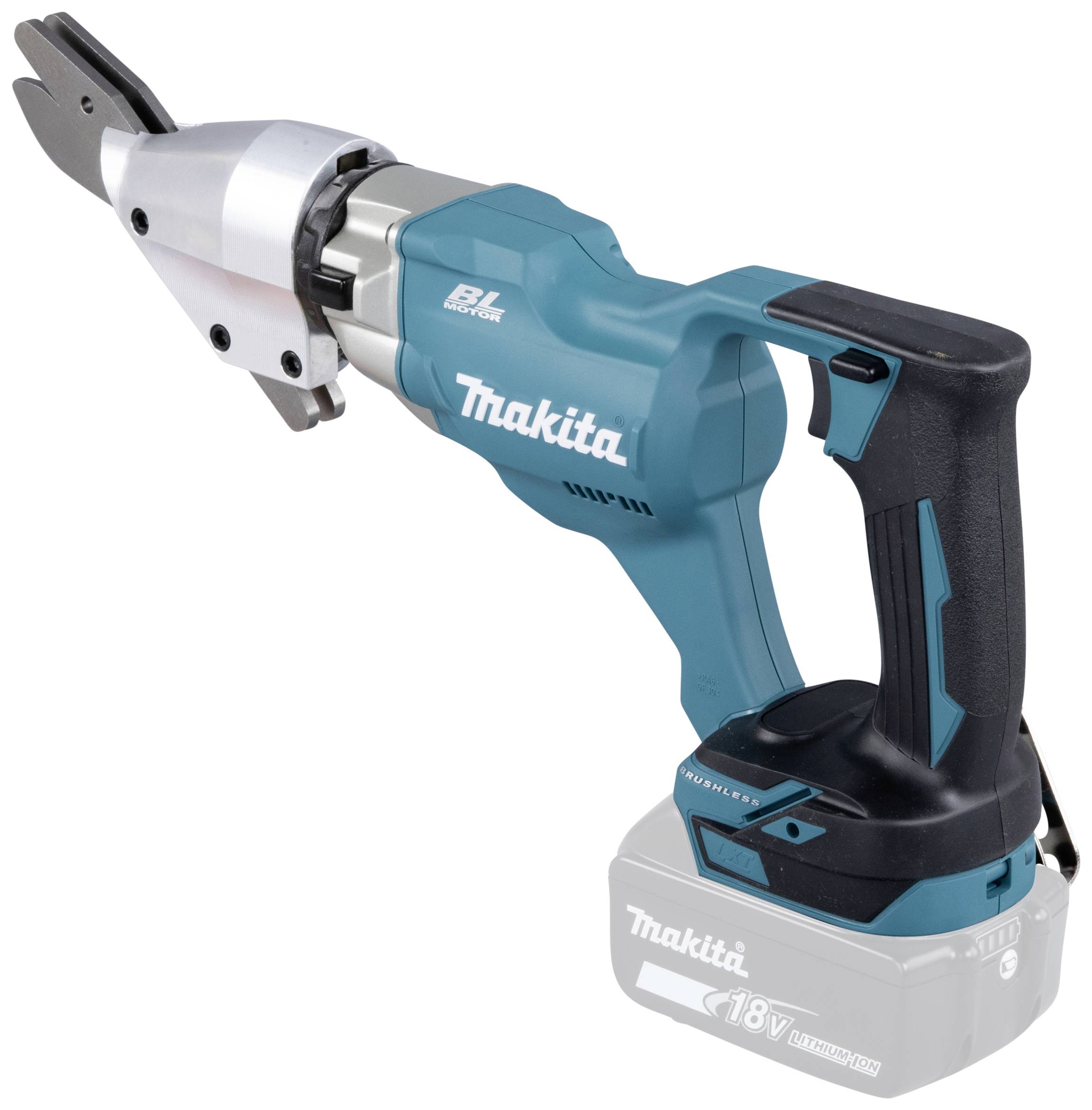 Forbice per lamiera portatile, alimentata a batteria, in blu-grigio con impugnatura nera, idonea per il taglio preciso di lamiere metalliche.