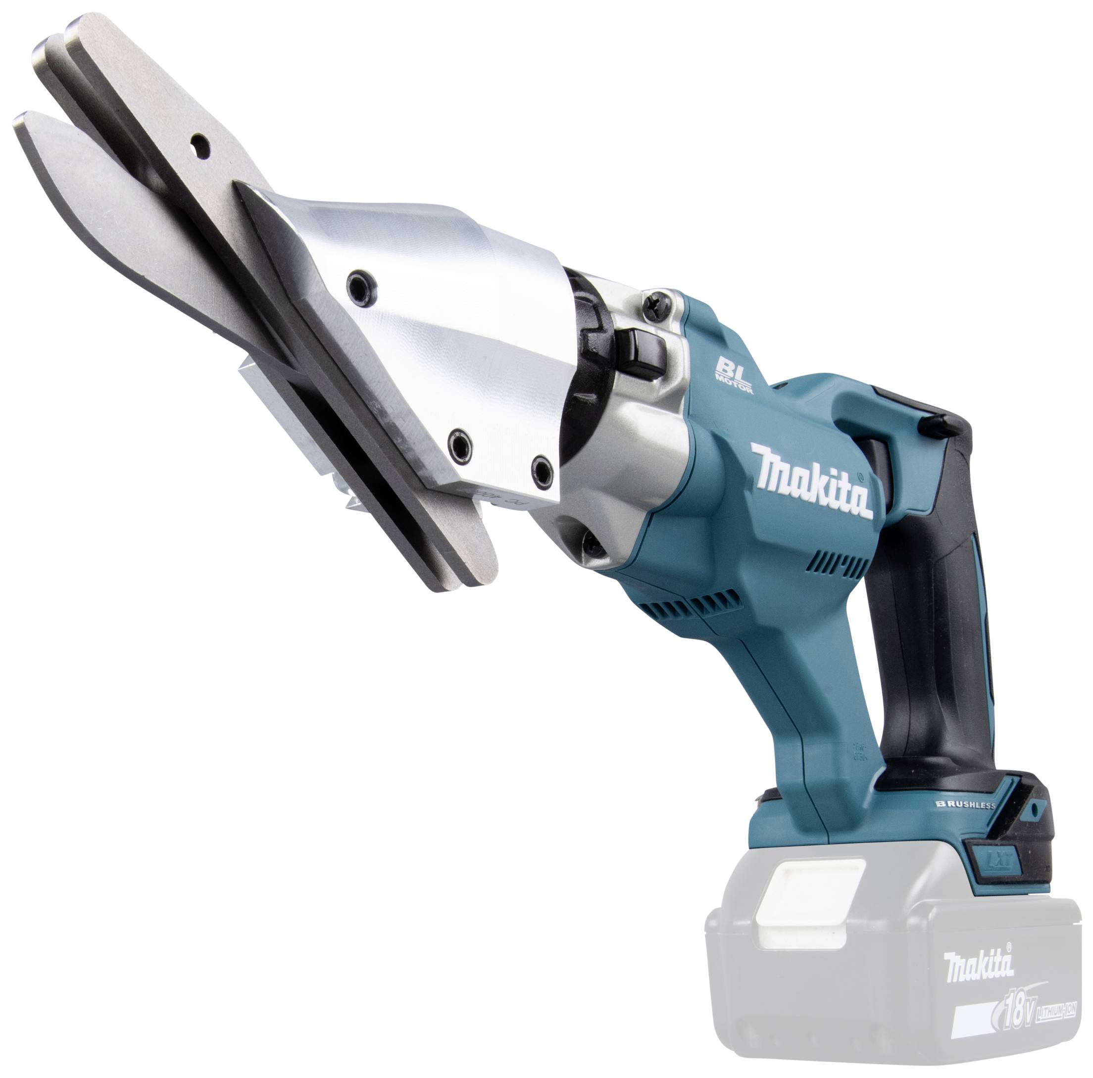 Forbice per lamiere a batteria Makita in blu e argento, ideale per tagliare materiali metallici; dotata di impugnatura ergonomica e batteria al litio.