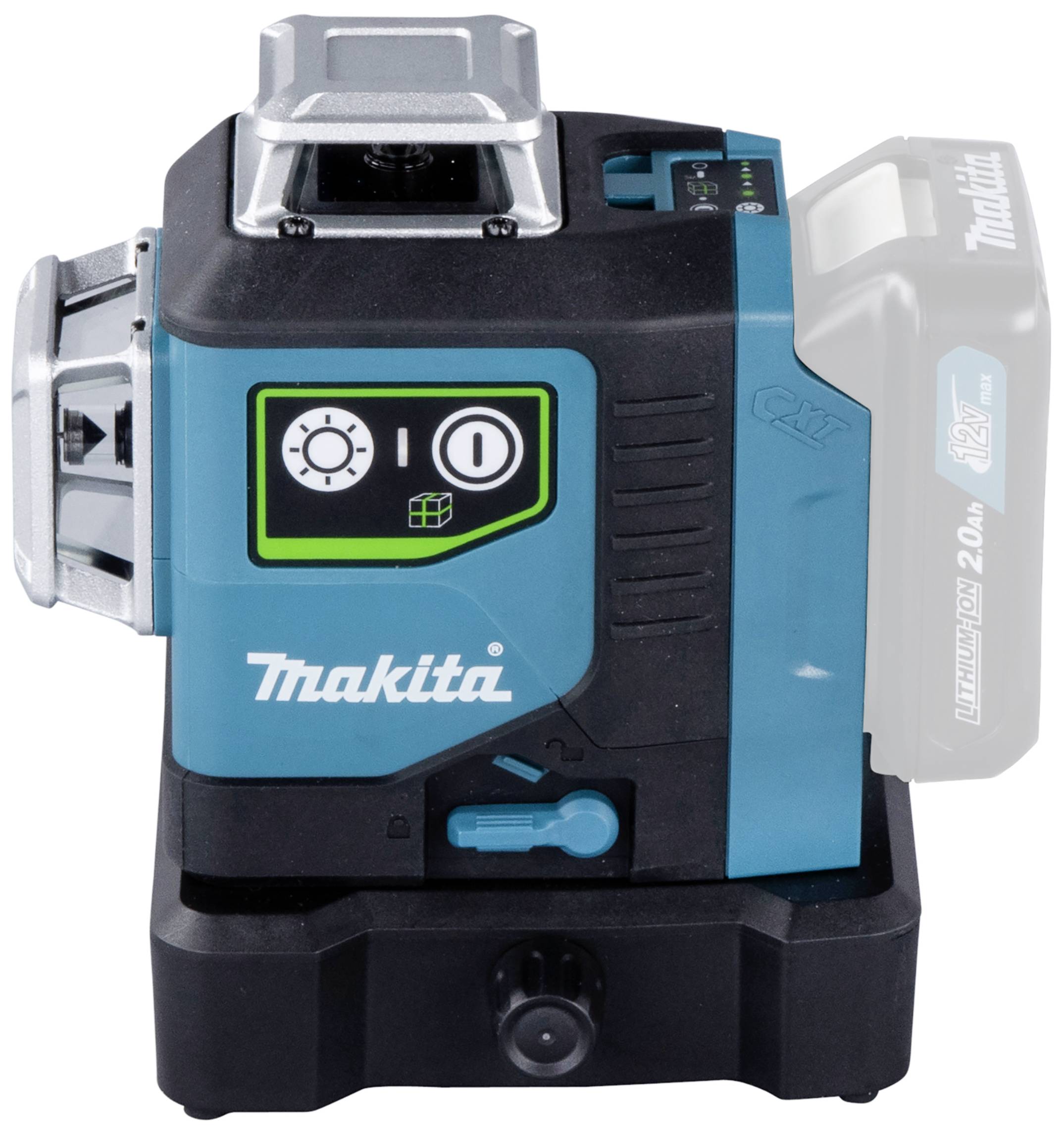 Un dispositivo laser Makita in nero e blu, con comandi sul lato anteriore e un vano batteria vuoto sul lato destro.
