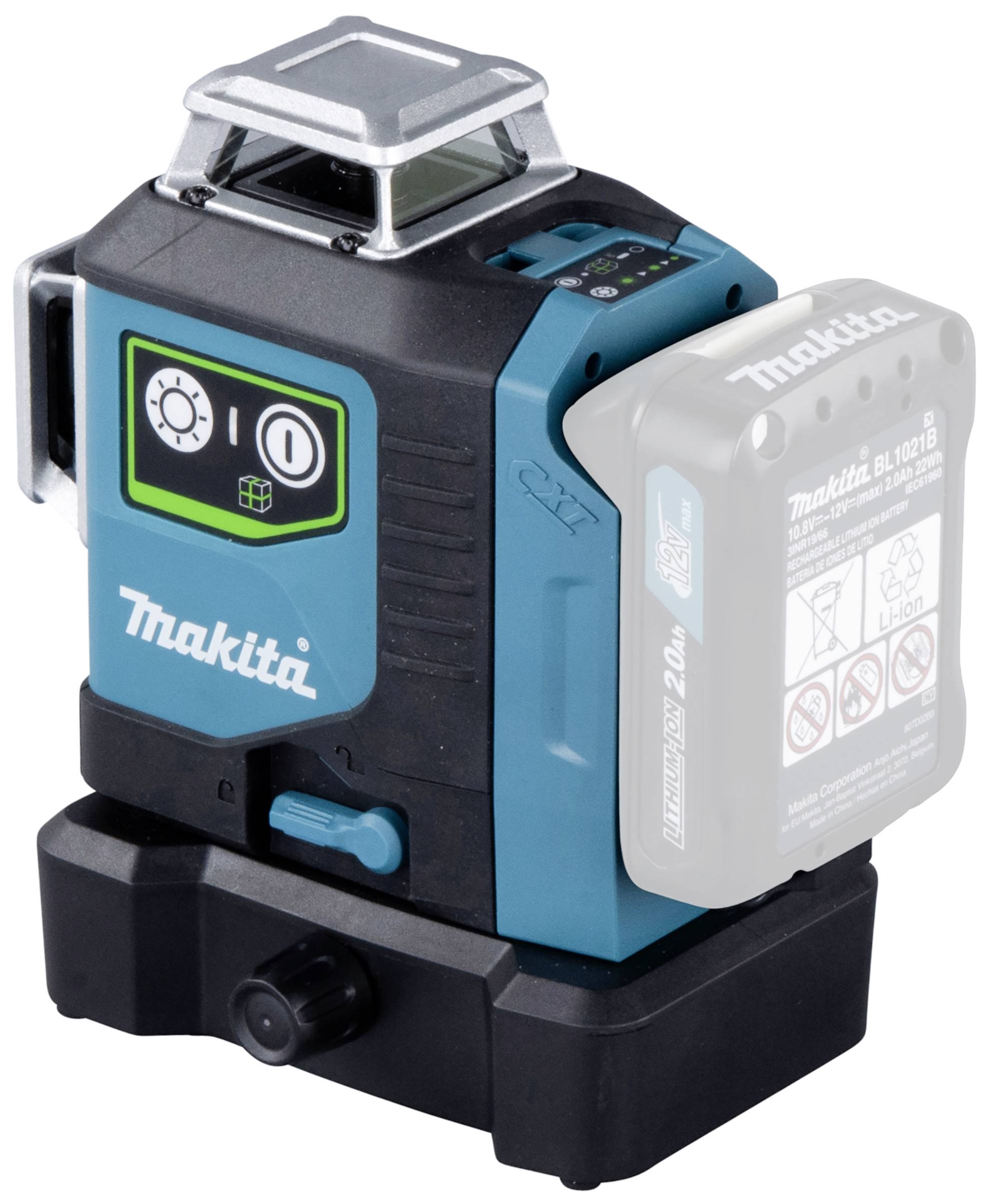 Un laser a linee Makita PEG083R verde e nero su un supporto nero, utilizzato per lavori di allineamento e misurazione precisi.