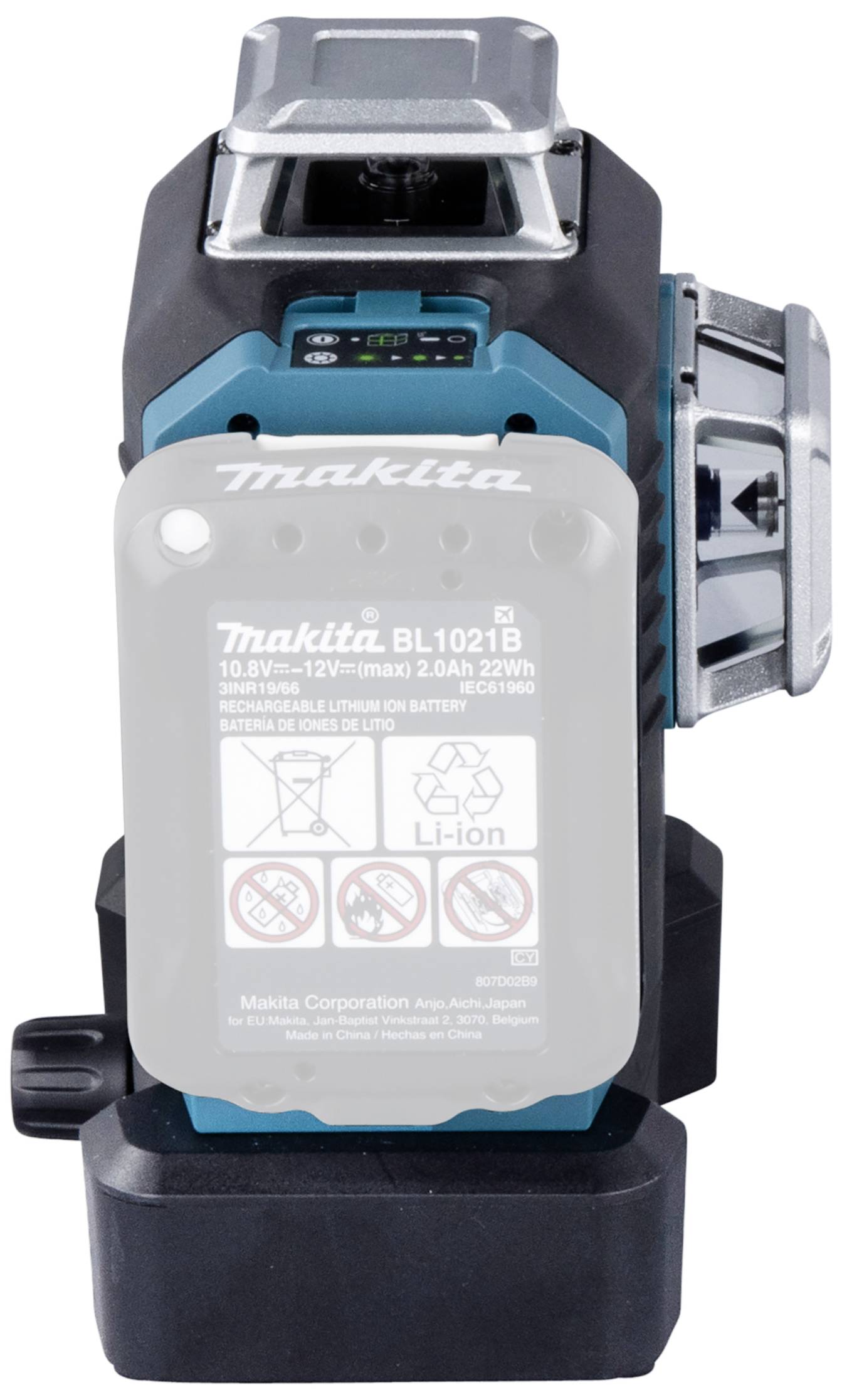 Caricabatterie Makita con batteria inserita. Informazioni e simboli della batteria sono visibili. Adatto per batterie Li-Ion da 10,8V-12V.